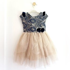 Biscotti Navy and Lace Champagne Tulle Dress with Bow, Girls 2T - Like New
